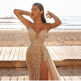 Sleeveless V-Neck Slit Lace Cutout Long Dress